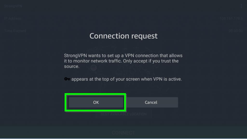 Connection request to get StrongVPN on Firestick
