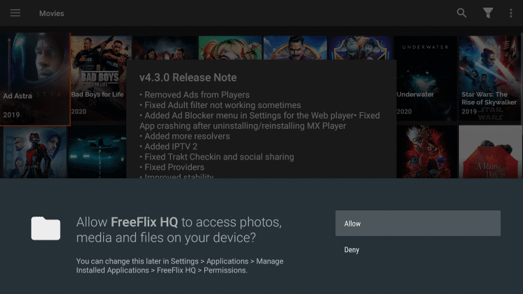 Select Allow in FreeFlix HQ on Firestick 