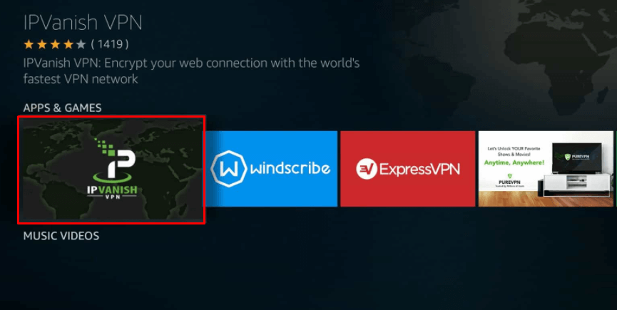 Select IPVanish VPN - Red Bull TV on Firestick using VPN