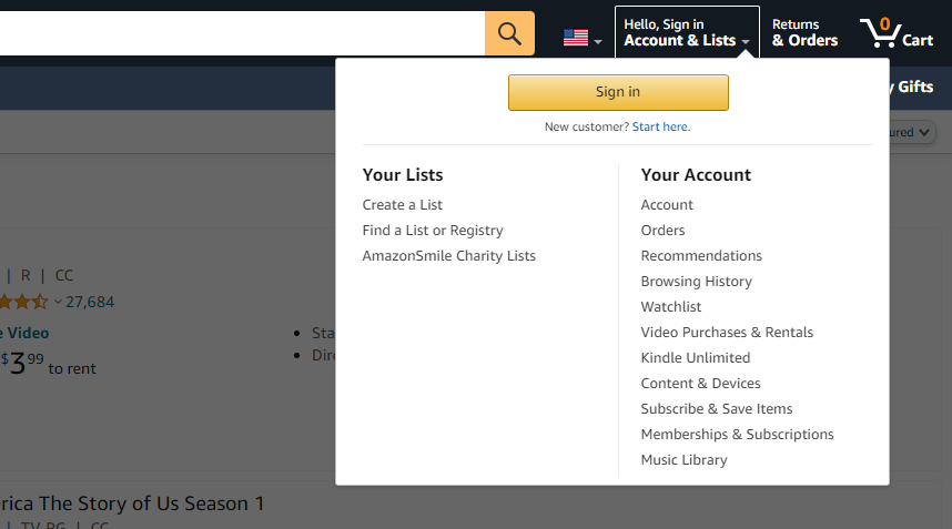 select Accounts & Lists on Amazon website