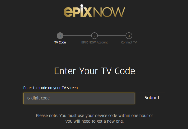 Enter the activation code - Epix on Firestick