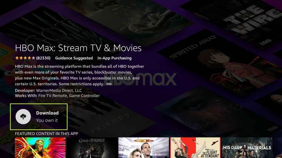 Click Download to get hbo max on firestick