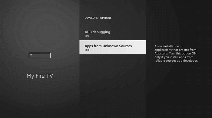 Turn on Apps from Unknown Sources to install Ultrasurf VPN on Firestick