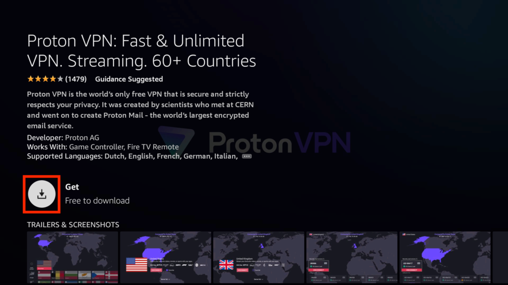 Click on Get to downLoad Proton VPN on Firestick