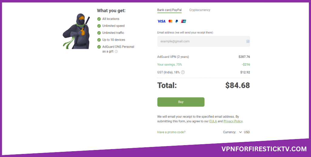 Choose the payment method and enter your email ID to get into ADGuard VPN on Firestick