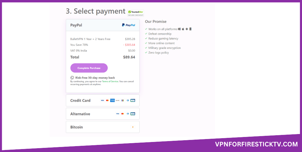 BulletVPN on Firestick - Payment details