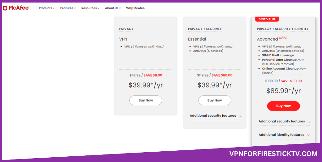 Subscribe to premium plans for McAfee VPN