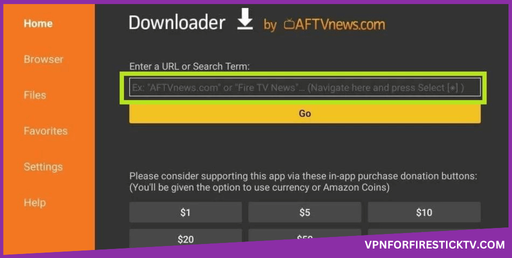 Downloader app to sideload Snap VPN APK on Firestick