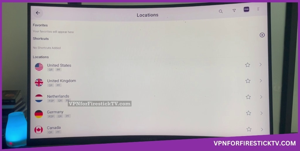 Location menu on PureVPN