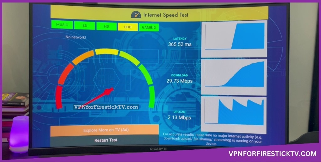 Speed test on Firestick using Surfshark VPN fastest server